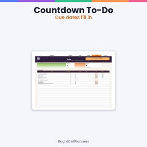 May include: A digital task management interface displayed on a tablet screen titled Countdown To-Do Due dates fill in. The layout features a dark header, a progress bar section with green and orange gradients, and a detailed list of tasks.