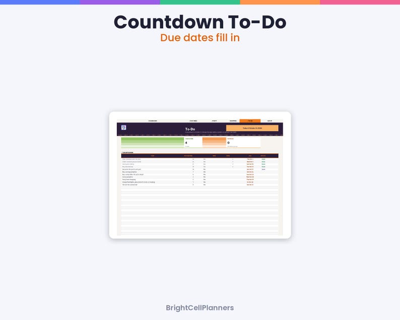 May include: A digital task management interface displayed on a tablet screen titled Countdown To-Do Due dates fill in. The layout features a dark header, a progress bar section with green and orange gradients, and a detailed list of tasks.