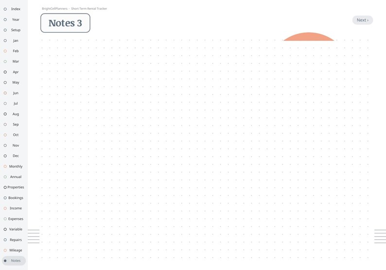 May include: A digital planner page titled Notes 3 with a dot grid background. The left sidebar lists navigation tabs including Index, Year, Setup, months from Jan to Dec, Monthly, Annual, Properties, Bookings, Income, Expenses, Variable, Repairs, and Mileage.