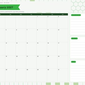 May include: A January 2027 monthly calendar planner page with a green and white hexagonal background pattern. The layout includes a grid for dates, a sidebar with navigation tabs, and three lined sections for notes, key dates, and monthly focus.