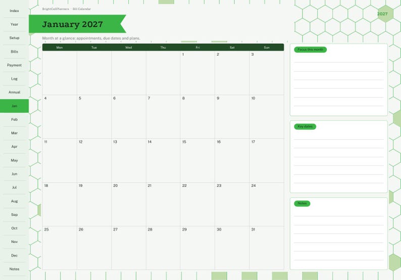 May include: A January 2027 monthly calendar planner page with a green and white hexagonal background pattern. The layout includes a grid for dates, a sidebar with navigation tabs, and three lined sections for notes, key dates, and monthly focus.