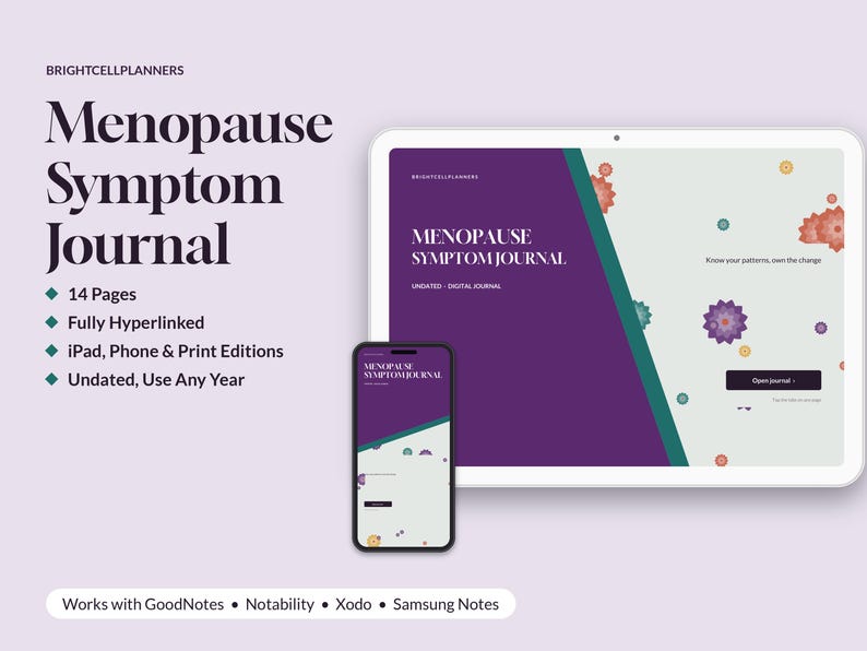 May include: A digital Menopause Symptom Journal displayed on a tablet and smartphone. The interface features a purple and light gray color scheme with floral graphics, text reading Menopause Symptom Journal, and buttons for navigation.