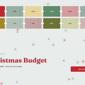 Peut inclure: Une interface de planificateur num&eacute;rique intitul&eacute;e Christmas Budget 2027 avec une grille de douze onglets mensuels rectangulaires aux couleurs douces. La mise en page comprend un bouton rouge intitul&eacute; Open planner et des flocons rouges et verts.