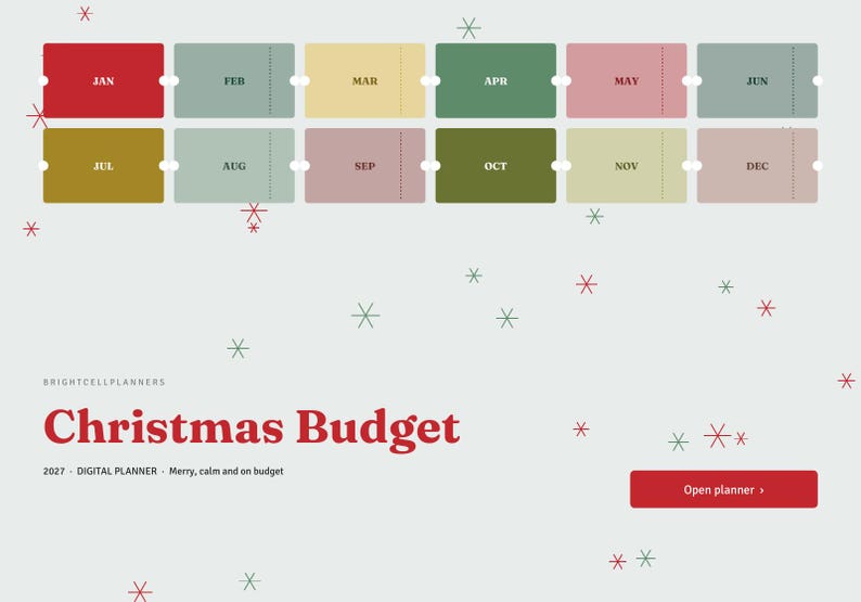 Peut inclure: Une interface de planificateur num&eacute;rique intitul&eacute;e Christmas Budget 2027 avec une grille de douze onglets mensuels rectangulaires aux couleurs douces. La mise en page comprend un bouton rouge intitul&eacute; Open planner et des flocons rouges et verts.