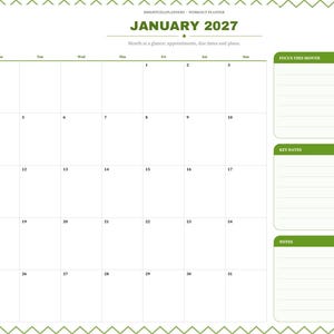 May include: A January 2027 monthly planner page with a green and white grid layout. The header reads JANUARY 2027. It includes sections for Focus This Month, Key Dates, and Notes, with a sidebar listing months and a chevron border pattern.