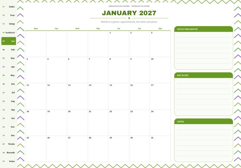 May include: A January 2027 monthly planner page with a green and white grid layout. The header reads JANUARY 2027. It includes sections for Focus This Month, Key Dates, and Notes, with a sidebar listing months and a chevron border pattern.