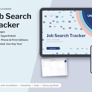 May include: A digital Job Search Tracker planner displayed on a tablet and smartphone screen. The interface features a light blue background with small briefcase icons, a dark blue header, and the text Job Search Tracker and Undated.