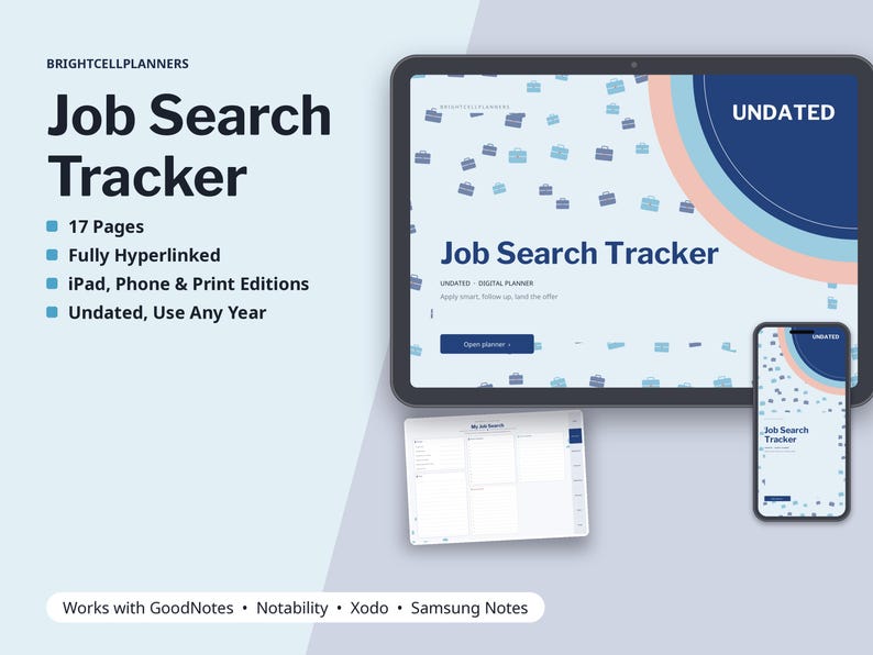 May include: A digital Job Search Tracker planner displayed on a tablet and smartphone screen. The interface features a light blue background with small briefcase icons, a dark blue header, and the text Job Search Tracker and Undated.