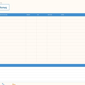 May include: A digital planner page titled Vet Milestones with a blue header containing columns for Date, Visit or Vaccine, Weight, Vet, Next Due, and Notes. A separate blue Notes section sits below. Tabs on the right include Index, Puppy, Schedule, Commands, Potty, Socialization, Vet, and Notes.