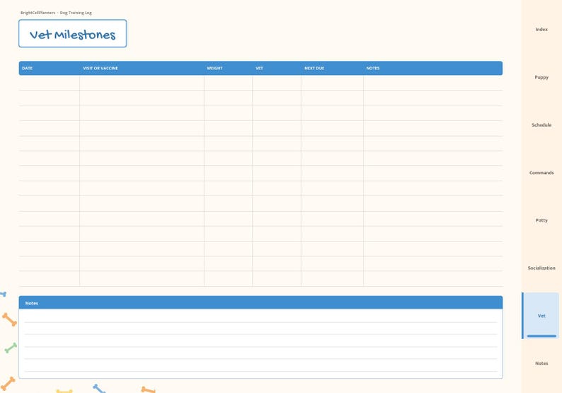 May include: A digital planner page titled Vet Milestones with a blue header containing columns for Date, Visit or Vaccine, Weight, Vet, Next Due, and Notes. A separate blue Notes section sits below. Tabs on the right include Index, Puppy, Schedule, Commands, Potty, Socialization, Vet, and Notes.