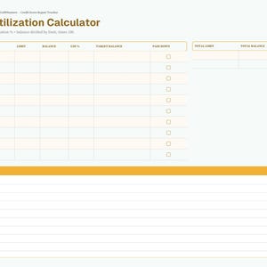 May include: A digital planner page titled Utilization Calculator with a sidebar containing Index, Goals, Reports, Disputes, Utilization, Payments, Score, and Notes. The table includes columns for Card, Limit, Balance, Use %, Target Balance, and Paid Down.