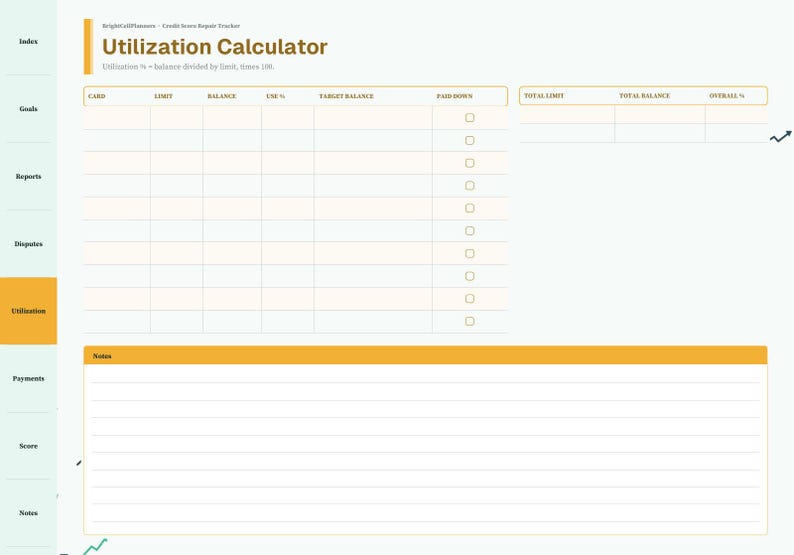 May include: A digital planner page titled Utilization Calculator with a sidebar containing Index, Goals, Reports, Disputes, Utilization, Payments, Score, and Notes. The table includes columns for Card, Limit, Balance, Use %, Target Balance, and Paid Down.