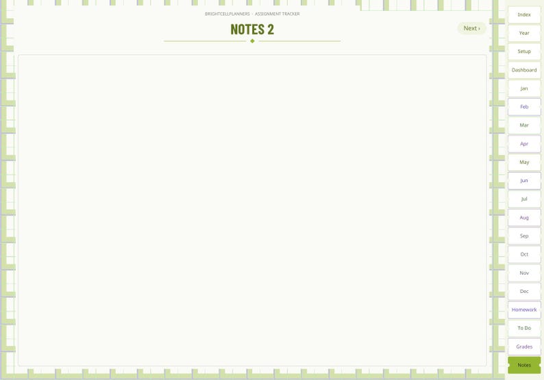 May include: A digital planner page titled NOTES 2 with a light green border and a side navigation bar featuring tabs for Index, Year, Setup, Dashboard, months from Jan to Dec, Homework, To Do, Grades, and Notes. The layout is clean and organized.