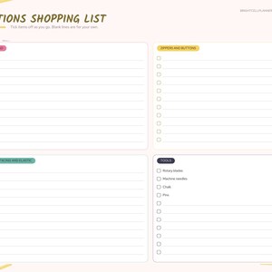 May include: A sewing project planner page titled NOTIONS SHOPPING LIST with four sections: THREAD, ZIPPERS AND BUTTONS, INTERFACING AND ELASTIC, and TOOLS. Each section features lined rows with checkboxes for tracking items. The layout includes a sidebar with tabs for Index, Measurements, Patterns, Fabric Stash, Projects, Alterations, Notions, and Notes.