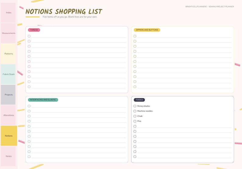 May include: A sewing project planner page titled NOTIONS SHOPPING LIST with four sections: THREAD, ZIPPERS AND BUTTONS, INTERFACING AND ELASTIC, and TOOLS. Each section features lined rows with checkboxes for tracking items. The layout includes a sidebar with tabs for Index, Measurements, Patterns, Fabric Stash, Projects, Alterations, Notions, and Notes.