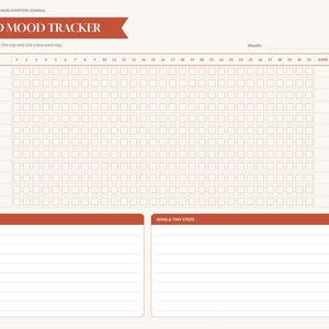 May include: A digital sleep and mood tracker planner page with a red header labeled SLEEP AND MOOD TRACKER. It features a grid for tracking daily symptoms like sleep, mood, and exercise, plus sections for notes and wins and tiny steps.