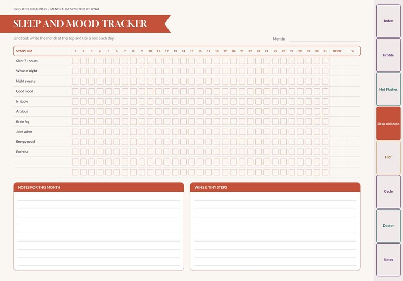 May include: A digital sleep and mood tracker planner page with a red header labeled SLEEP AND MOOD TRACKER. It features a grid for tracking daily symptoms like sleep, mood, and exercise, plus sections for notes and wins and tiny steps.