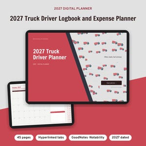 May include: A 2027 digital truck driver logbook and expense planner displayed on two tablet screens. The cover features a red and gray design with truck icons and the text 2027 Truck Driver Planner. The second screen shows a January 2027 calendar.