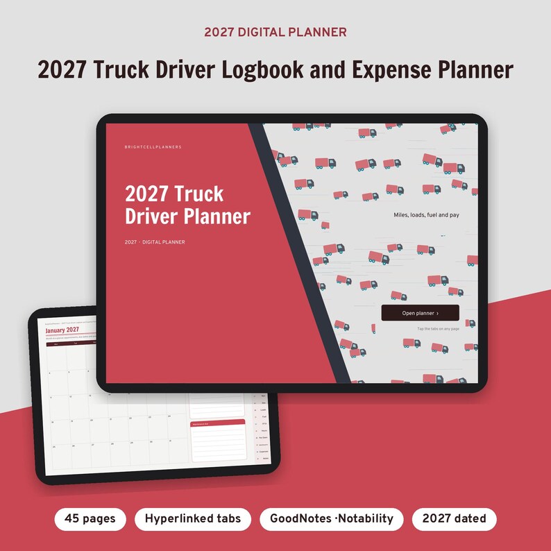 May include: A 2027 digital truck driver logbook and expense planner displayed on two tablet screens. The cover features a red and gray design with truck icons and the text 2027 Truck Driver Planner. The second screen shows a January 2027 calendar.