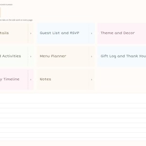 May include: A digital baby shower planner index page featuring a grid of clickable tiles labeled Shower Details, Guest List and RSVP, Theme and Decor, Games and Activities, Menu Planner, Gift Log and Thank Yous, Shower Day Timeline, and Notes.