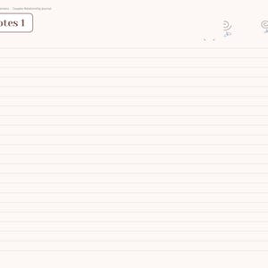May include: A digital planner page titled Notes 1 with horizontal lines for writing. The left sidebar features navigation tabs labeled Index, Goals, Date Night, Check-In, Love, Memories, Bucket, and Notes. Small spiral doodles appear.