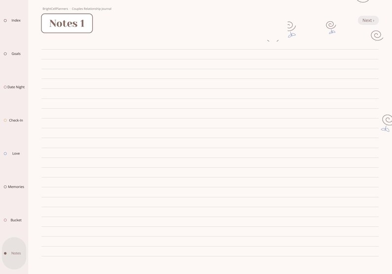 May include: A digital planner page titled Notes 1 with horizontal lines for writing. The left sidebar features navigation tabs labeled Index, Goals, Date Night, Check-In, Love, Memories, Bucket, and Notes. Small spiral doodles appear.