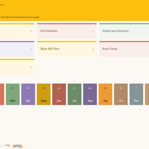 May include: A digital planner index page for 2027 titled BrightCalPlanners. It features a yellow header, navigation tiles for sections like 2027 at a glance, Kid Schedules, and Meal Snapshot, and a row of twelve coloured month tiles.