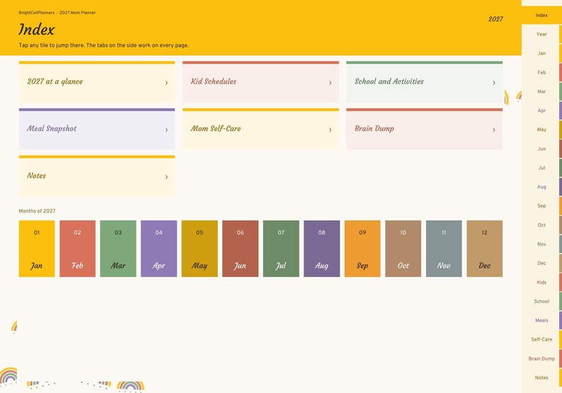 May include: A digital planner index page for 2027 titled BrightCalPlanners. It features a yellow header, navigation tiles for sections like 2027 at a glance, Kid Schedules, and Meal Snapshot, and a row of twelve coloured month tiles.