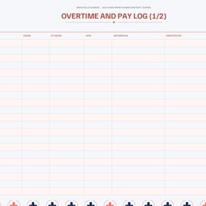 May include: A digital planner page titled OVERTIME AND PAY LOG (1/2) with columns for date, hours, OT hours, rate, differential, expected pay, and paid status. The layout features a sidebar with monthly tabs and a medical cross pattern border.