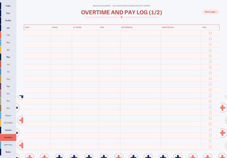 May include: A digital planner page titled OVERTIME AND PAY LOG (1/2) with columns for date, hours, OT hours, rate, differential, expected pay, and paid status. The layout features a sidebar with monthly tabs and a medical cross pattern border.