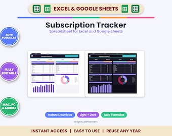 Hoja de cálculo para el seguimiento de suscripciones: facturas mensuales, alertas de renovación, lista de cancelaciones (descarga digital)