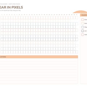 Peut inclure: Une page de planificateur Year in Pixels 2027 avec une grille de carr&eacute;s pour chaque mois et jour. Comprend une l&eacute;gende de couleurs pour le suivi de l'humeur intitul&eacute;e Great, Good, Okay, Low, Hard et une section Notes and Patterns.