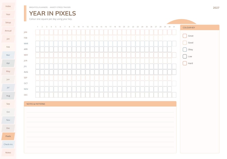 Peut inclure: Une page de planificateur Year in Pixels 2027 avec une grille de carr&eacute;s pour chaque mois et jour. Comprend une l&eacute;gende de couleurs pour le suivi de l'humeur intitul&eacute;e Great, Good, Okay, Low, Hard et une section Notes and Patterns.