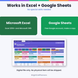 Puede incluir: Una interfaz de panel de control de presupuesto digital con gr&aacute;ficos coloridos, res&uacute;menes financieros y tablas. El texto incluye Works in Excel + Google Sheets, Microsoft Excel 2016+ and Microsoft 365, Google Sheets y Digital file only.
