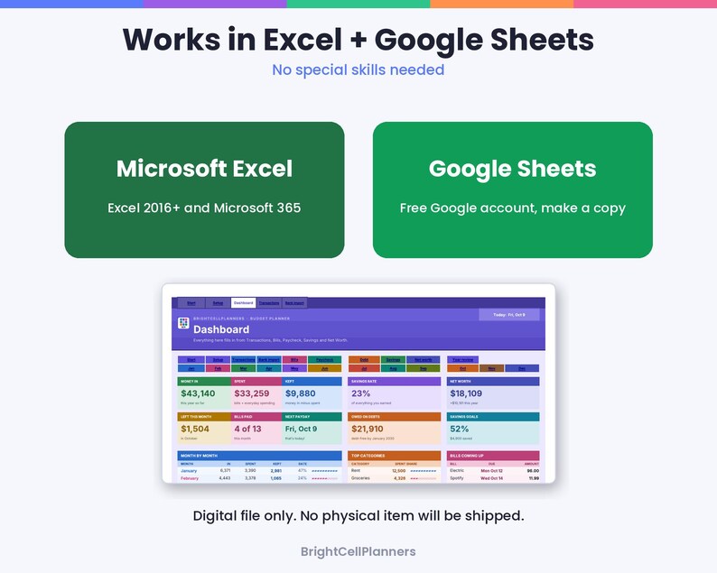 Puede incluir: Una interfaz de panel de control de presupuesto digital con gr&aacute;ficos coloridos, res&uacute;menes financieros y tablas. El texto incluye Works in Excel + Google Sheets, Microsoft Excel 2016+ and Microsoft 365, Google Sheets y Digital file only.