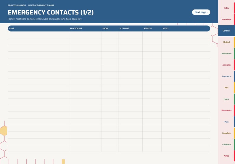 May include: A digital emergency contacts planner page with a blue header labeled EMERGENCY CONTACTS (1/2). The table includes columns for name, relationship, phone, alt phone, address, and notes. A side navigation bar lists categories.