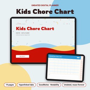 May include: An undated digital planner titled Kids Chore Chart displayed on two tablet screens. The interface features red, yellow, and blue wave graphics, confetti accents, and a weekly chore chart layout with hyperlinked tabs.