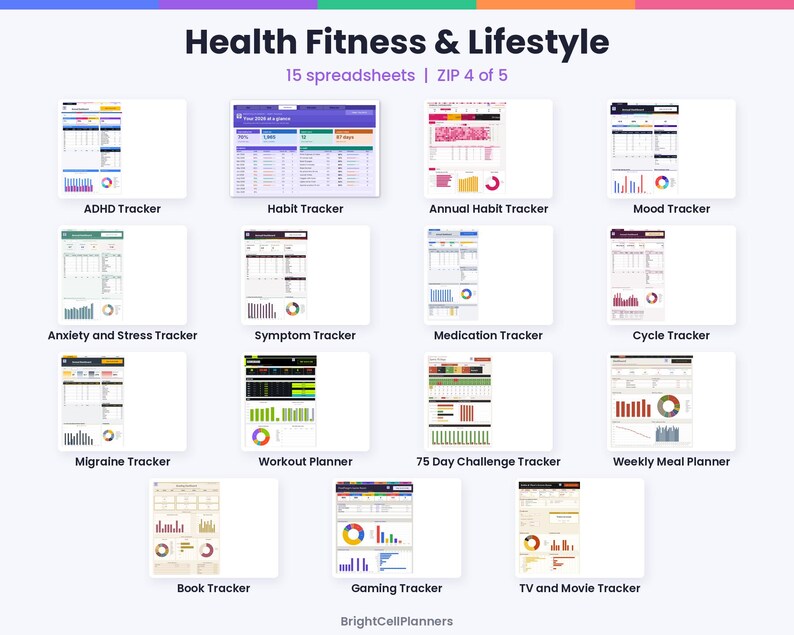 May include: A digital collection of 15 Health Fitness & Lifestyle spreadsheets labeled ZIP 4 of 5 by BrightCellPlanners. Includes trackers for ADHD, habits, mood, anxiety, symptoms, medication, cycles, migraines, workouts, 75-day challenges, meals, books, gaming, and TV.