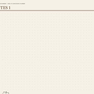 May include: A digital planner page titled NOTES 1 with a cream-colored background and a light brown dot grid pattern. The left sidebar features navigation tabs for months and law school categories, including Case Briefs, Outlines, Exams, and Bar Prep.