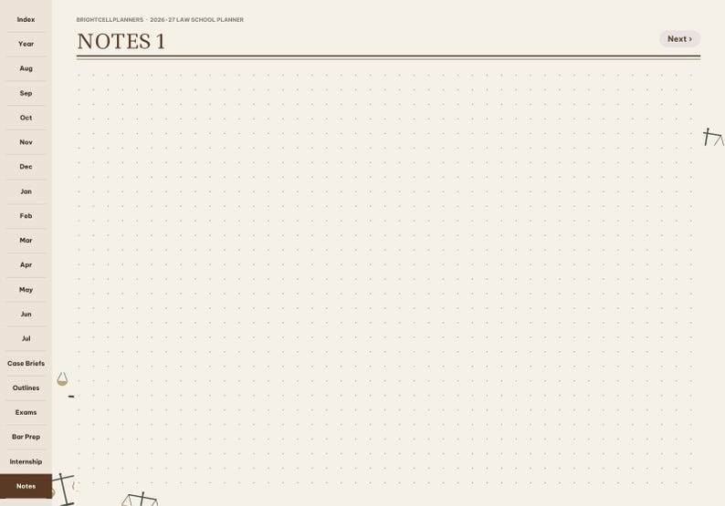 May include: A digital planner page titled NOTES 1 with a cream-colored background and a light brown dot grid pattern. The left sidebar features navigation tabs for months and law school categories, including Case Briefs, Outlines, Exams, and Bar Prep.