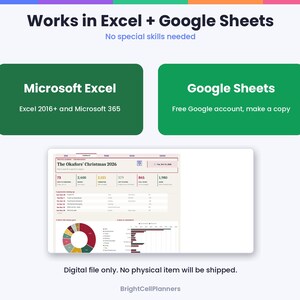May include: A digital spreadsheet template titled The Okafors' Christmas 2026, compatible with Microsoft Excel 2016+ and Google Sheets. The interface displays data tables, a circular pie chart, and a bar graph for holiday planning.