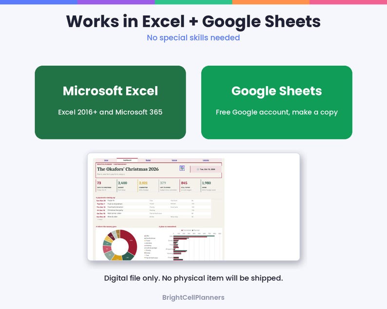 May include: A digital spreadsheet template titled The Okafors' Christmas 2026, compatible with Microsoft Excel 2016+ and Google Sheets. The interface displays data tables, a circular pie chart, and a bar graph for holiday planning.