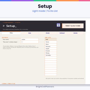 May include: A digital planner interface titled Setup with a light mode to-do list. The screen displays sections for basics, including name and due soon window, alongside a list column for categories like Home, Work, and Personal.