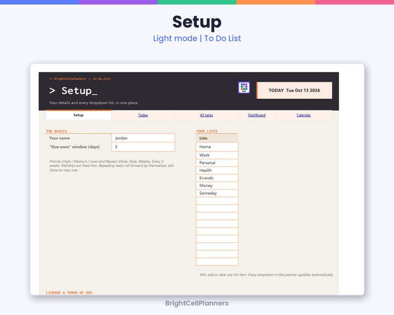 May include: A digital planner interface titled Setup with a light mode to-do list. The screen displays sections for basics, including name and due soon window, alongside a list column for categories like Home, Work, and Personal.