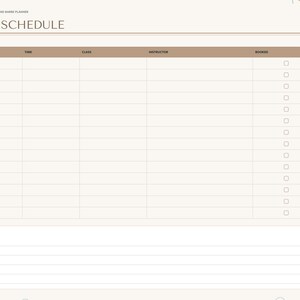 May include: A digital studio schedule planner page with a light beige background and brown accents. The header reads STUDIO SCHEDULE. It features a table with columns for Day, Time, Class, Instructor, and Booked, plus a notes section below.