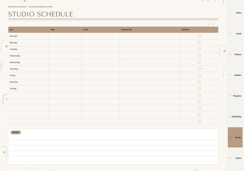 May include: A digital studio schedule planner page with a light beige background and brown accents. The header reads STUDIO SCHEDULE. It features a table with columns for Day, Time, Class, Instructor, and Booked, plus a notes section below.