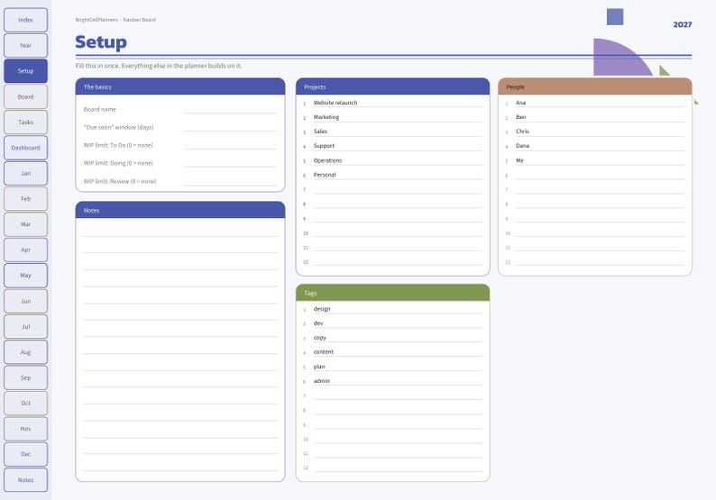 May include: A digital planner setup page for 2027 featuring a sidebar with navigation tabs. The layout includes sections labeled The basics, Projects, People, Notes, and Tags with fields for board name, due dates, and lists for project tracking.