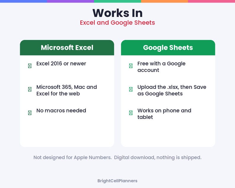 May include: An informational graphic titled Works In Excel and Google Sheets. It lists compatibility requirements for Microsoft Excel, including Excel 2016 or newer, Microsoft 365, and Google Sheets, noting it is not for Apple Numbers.