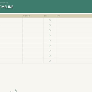 Puede incluir: Una p&aacute;gina de planificador de compra de vivienda titulada Closing Timeline con un encabezado verde oscuro. La tabla incluye columnas para Step, Target Date, Done y Notes. Las filas enumeran hitos como Offer accepted e Inspection.