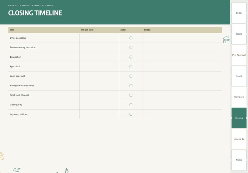 Puede incluir: Una p&aacute;gina de planificador de compra de vivienda titulada Closing Timeline con un encabezado verde oscuro. La tabla incluye columnas para Step, Target Date, Done y Notes. Las filas enumeran hitos como Offer accepted e Inspection.